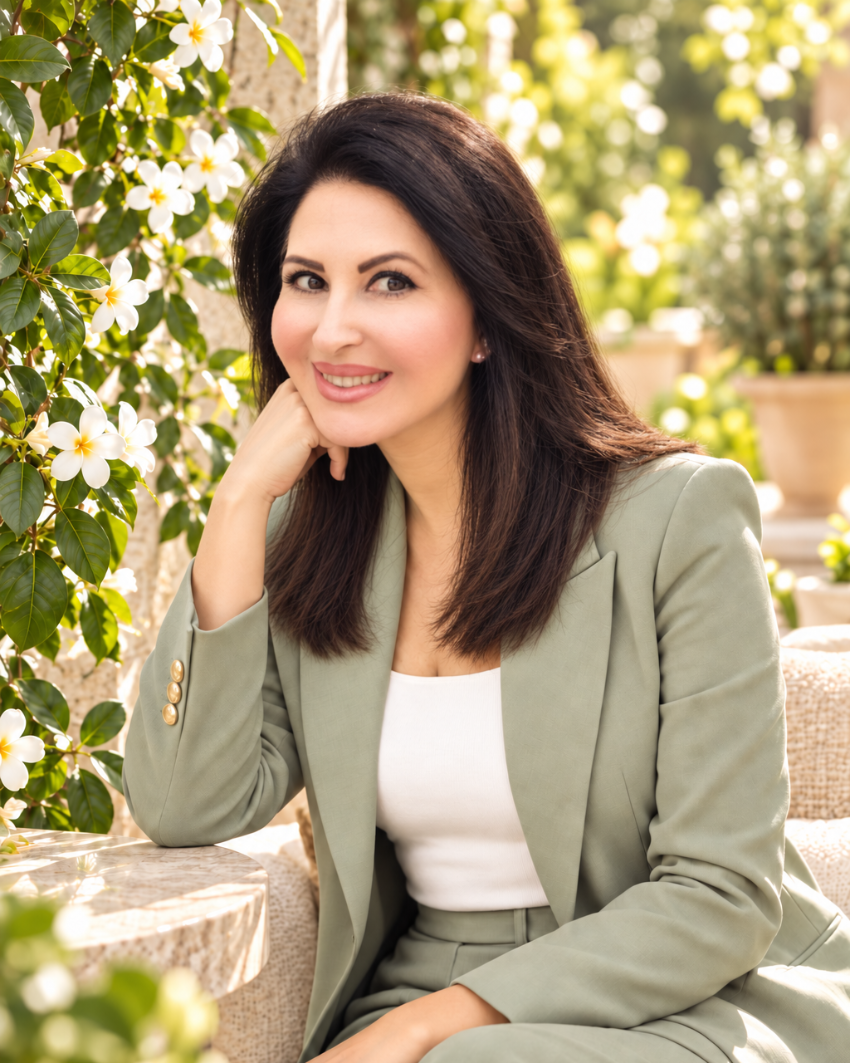 Nada Fehmi Mamlouk, founder of Élevé My Life Hub, in a sunlit garden reflecting creativity, balance, and wellbeing-conscious living.
ندى فهمي مملوك، مؤسسة Élevé My Life Hub، في حديقة مشرقة تعكس الإبداع والتوازن وأسلوب الحياة الواعي بالرفاه.
